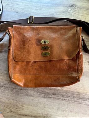 Mulberry Cognac Leather Messenger Bag with Triple Brass Turn-Locks